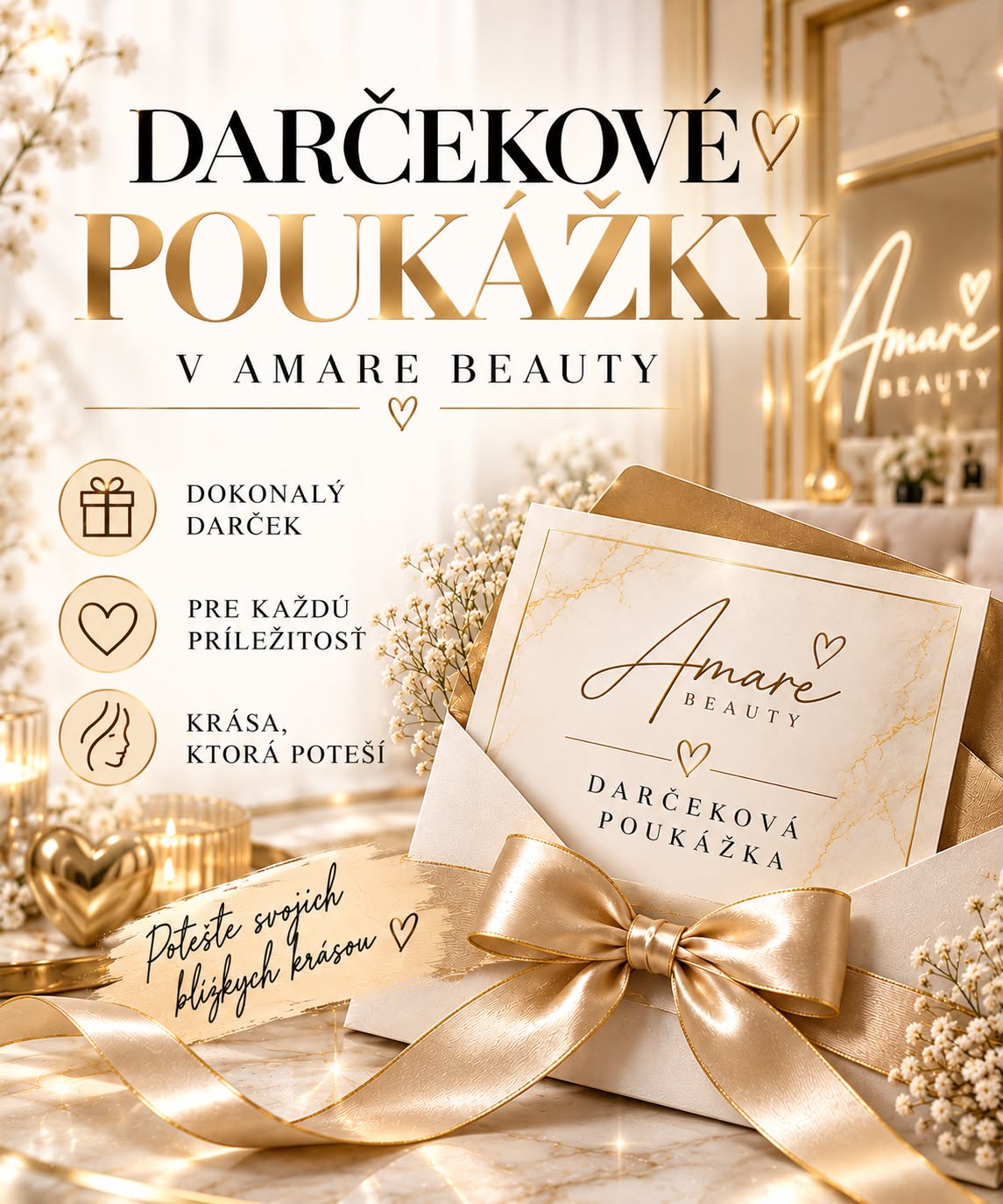 Darčeková poukážka Amare Beauty v zlatej obálke s mašľou