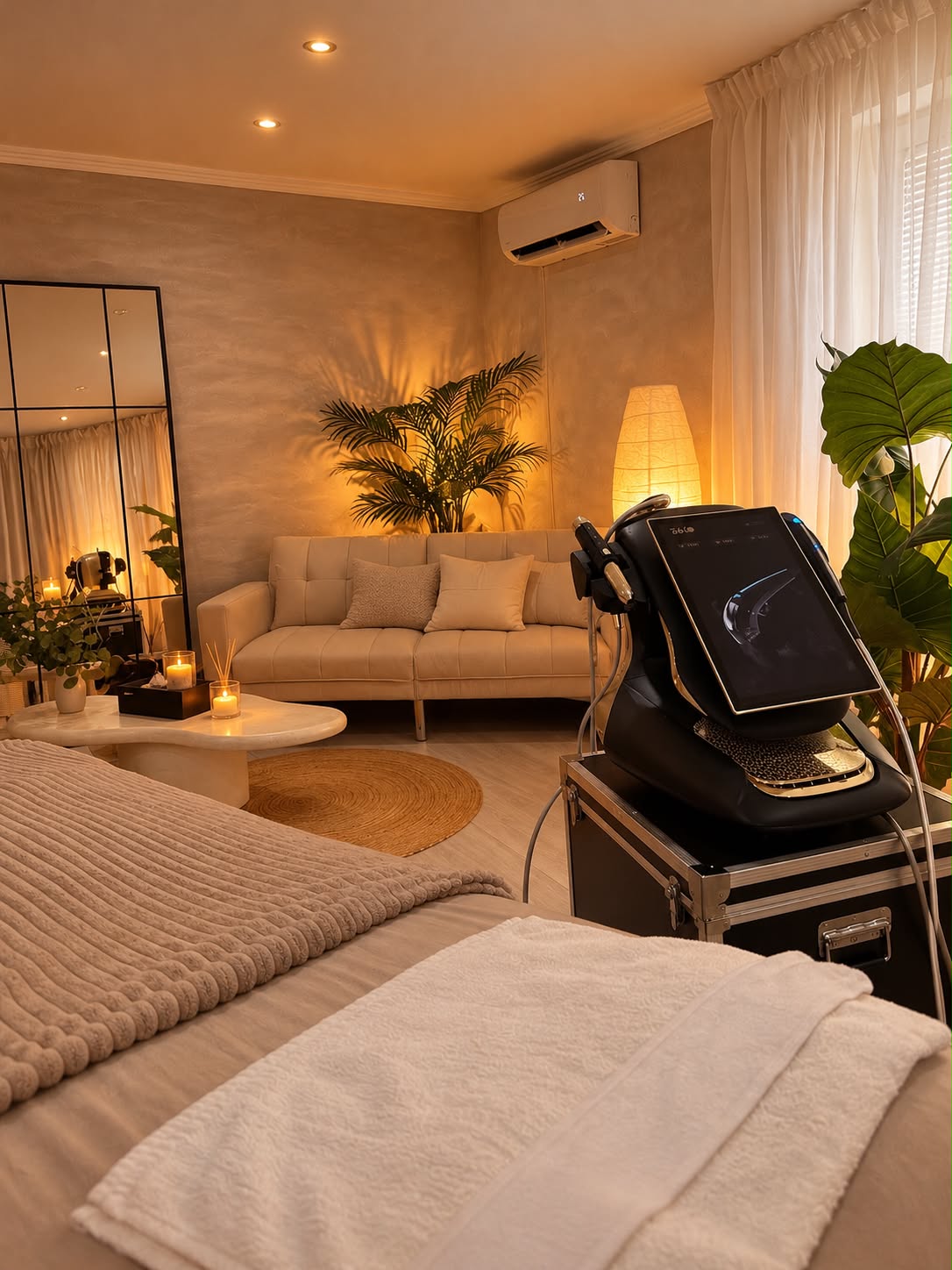 Ošetrovacie lôžko a HIFU prístroj v presvetlenom štúdiu Amare Beauty